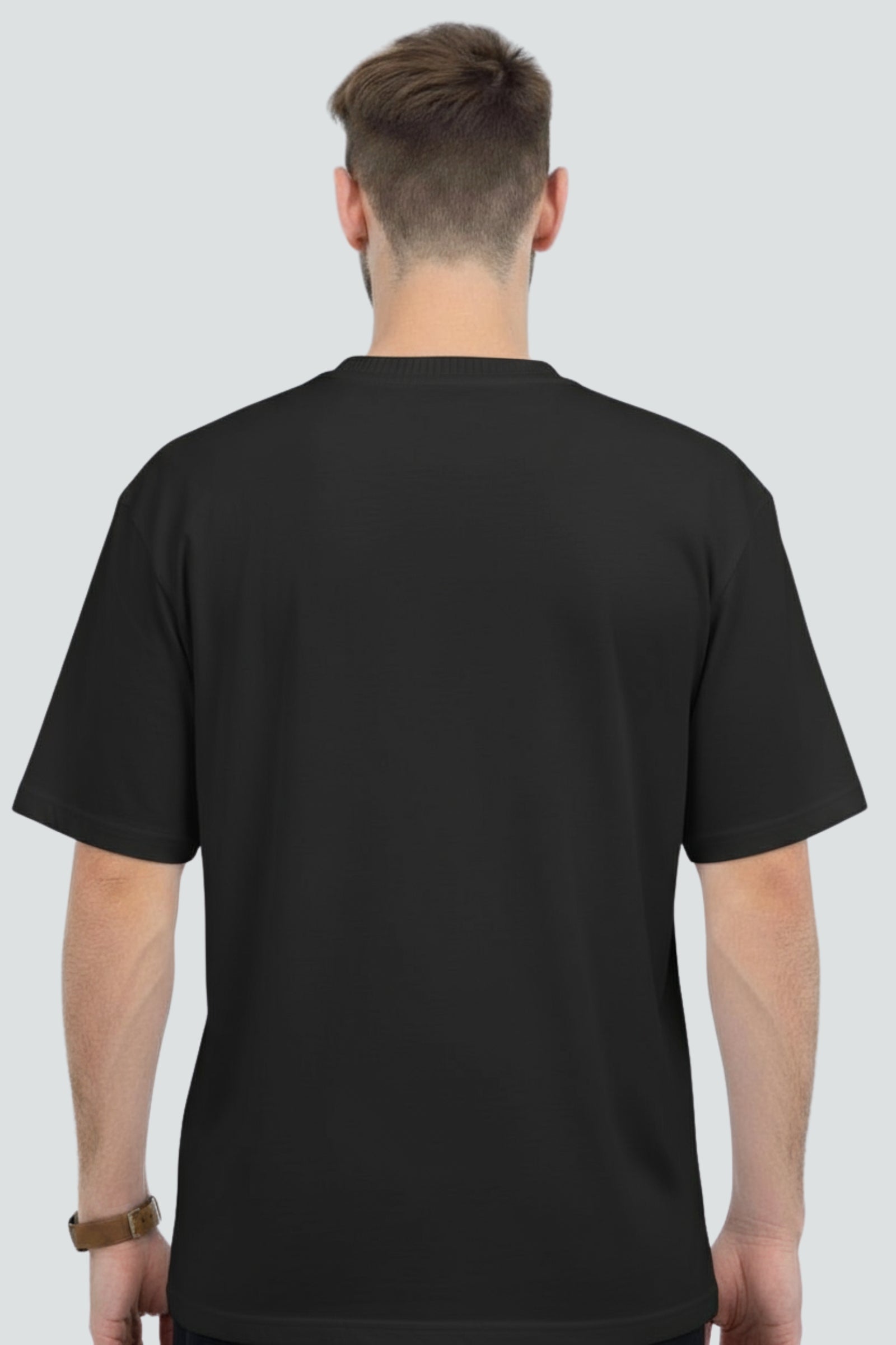 Black heavyweight oversized t-shirt, 240 GSM cotton, Lycra ribbed neck, back view.