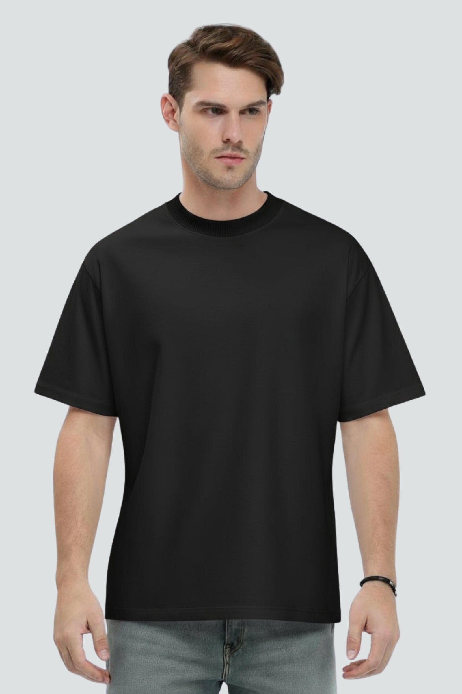 Black heavyweight oversized t-shirt, 240 GSM cotton, Lycra ribbed neck, front view.