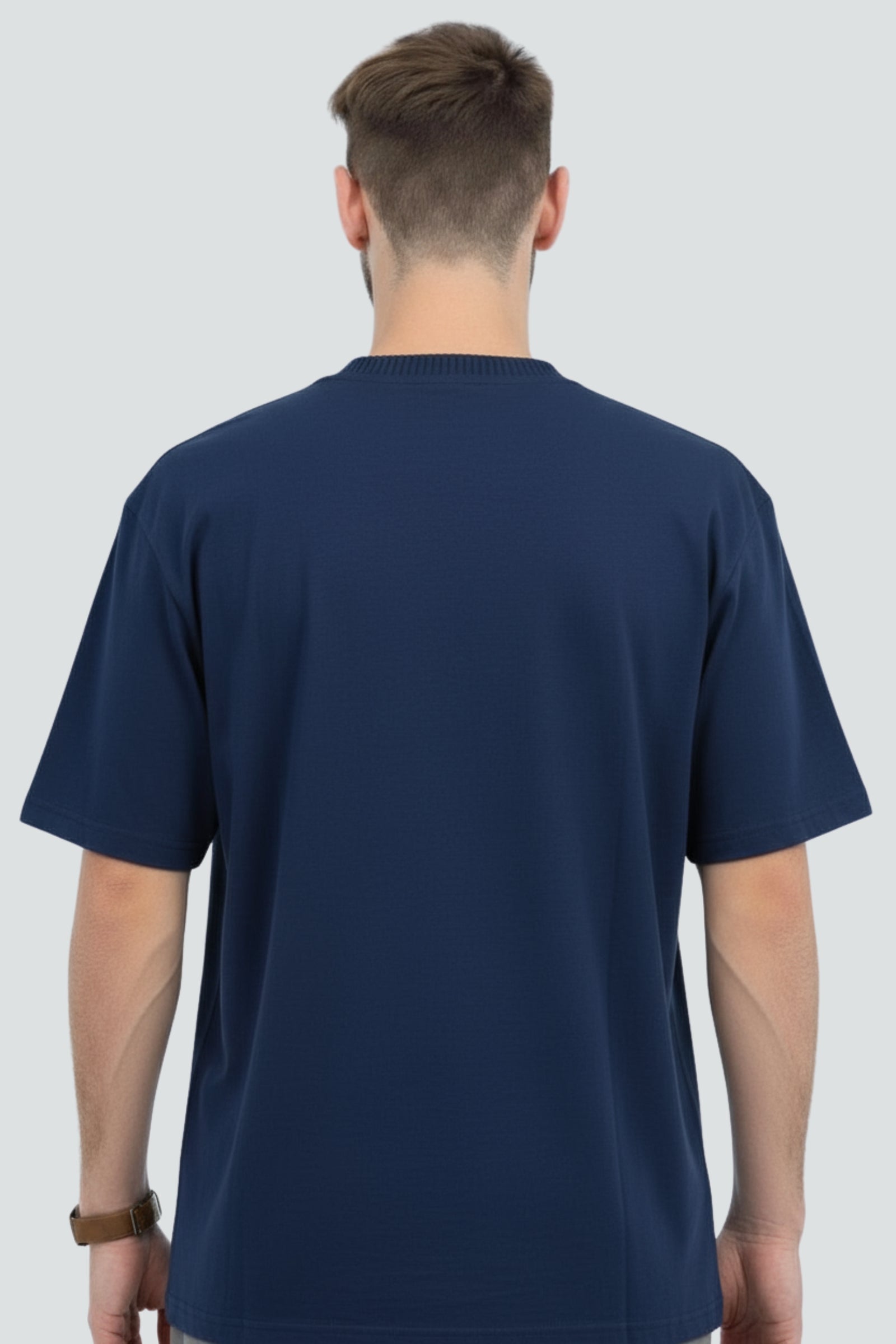 Navy blue heavyweight oversized t-shirt, 240 GSM cotton, Lycra ribbed neck, back view.