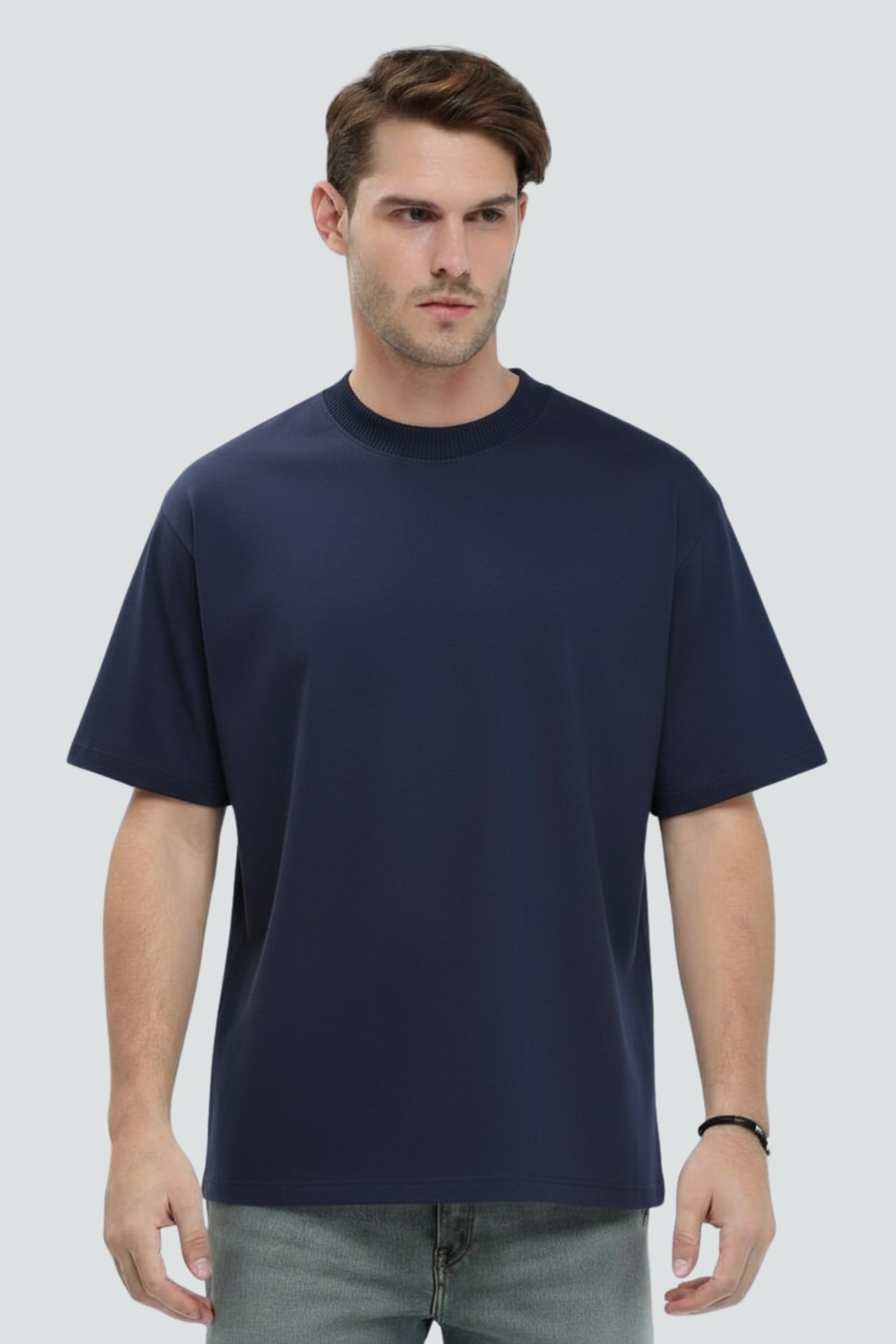 Navy blue heavyweight oversized t-shirt, 240 GSM cotton, Lycra ribbed neck, front view.