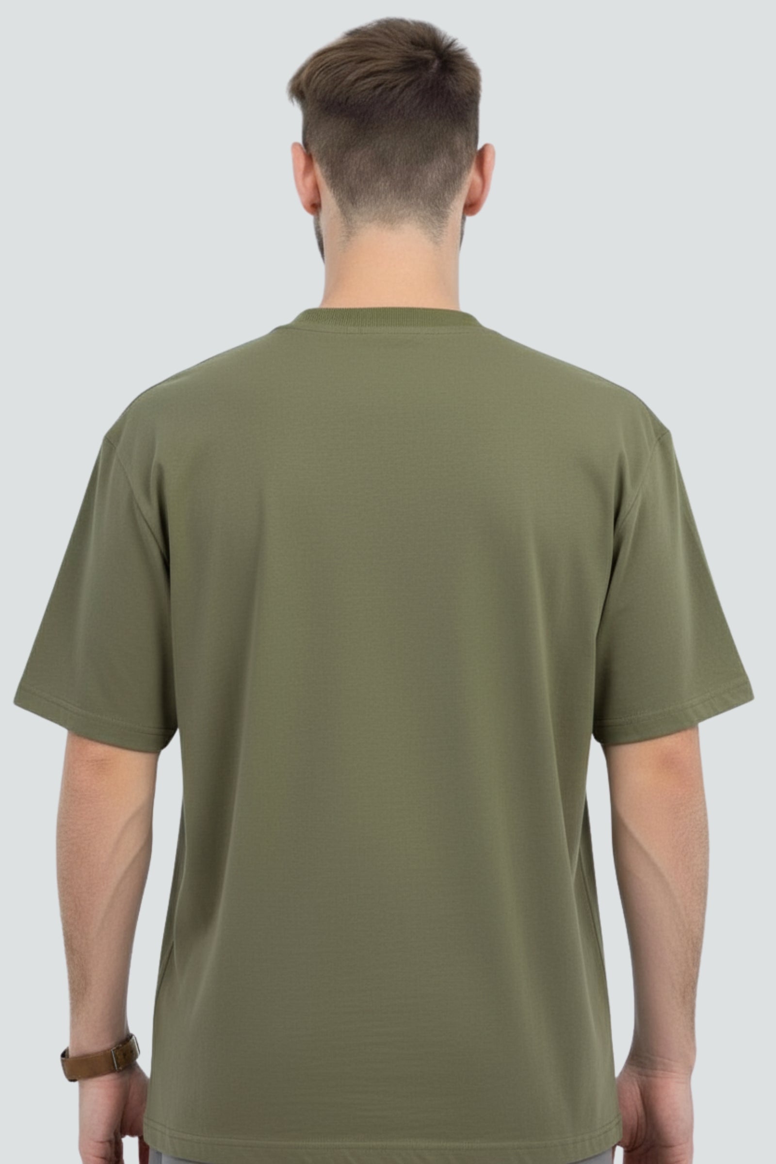 Olive green heavyweight oversized t-shirt, 240 GSM cotton, Lycra ribbed neck, back view.