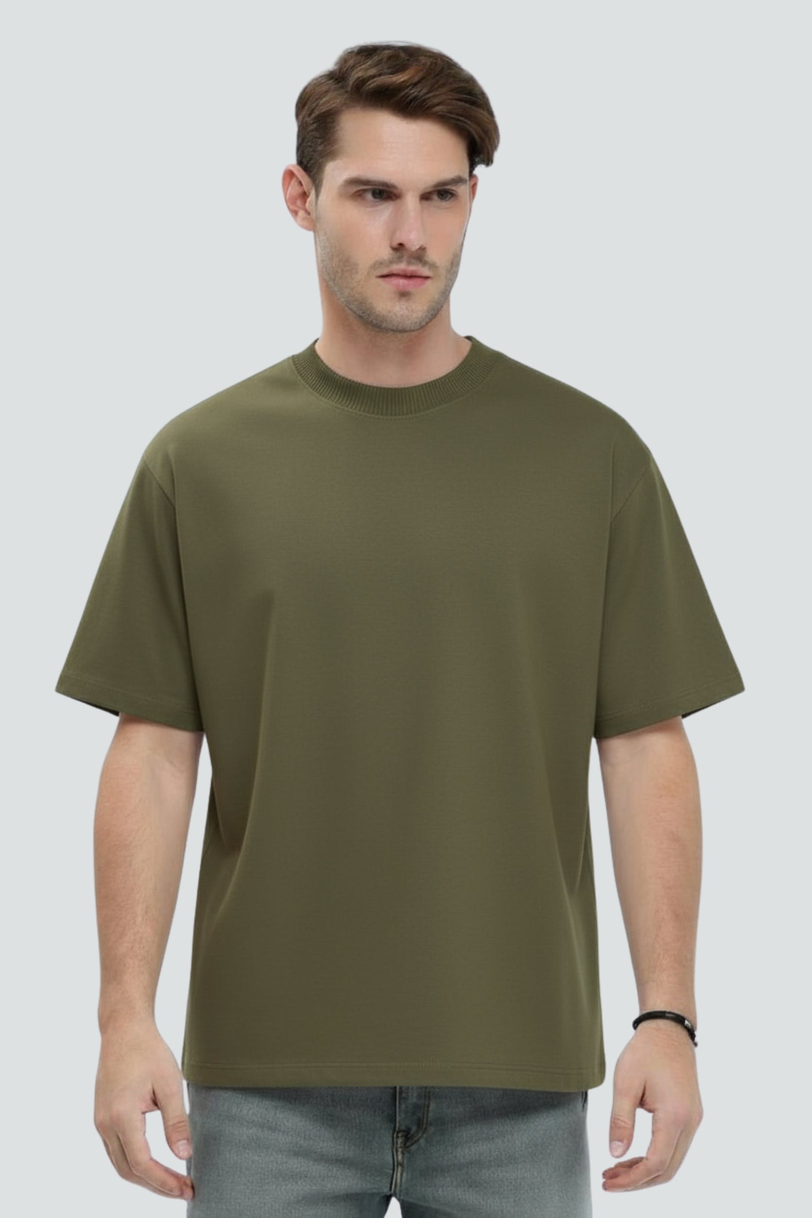 Olive green heavyweight oversized t-shirt, 240 GSM cotton, Lycra ribbed neck, front view.