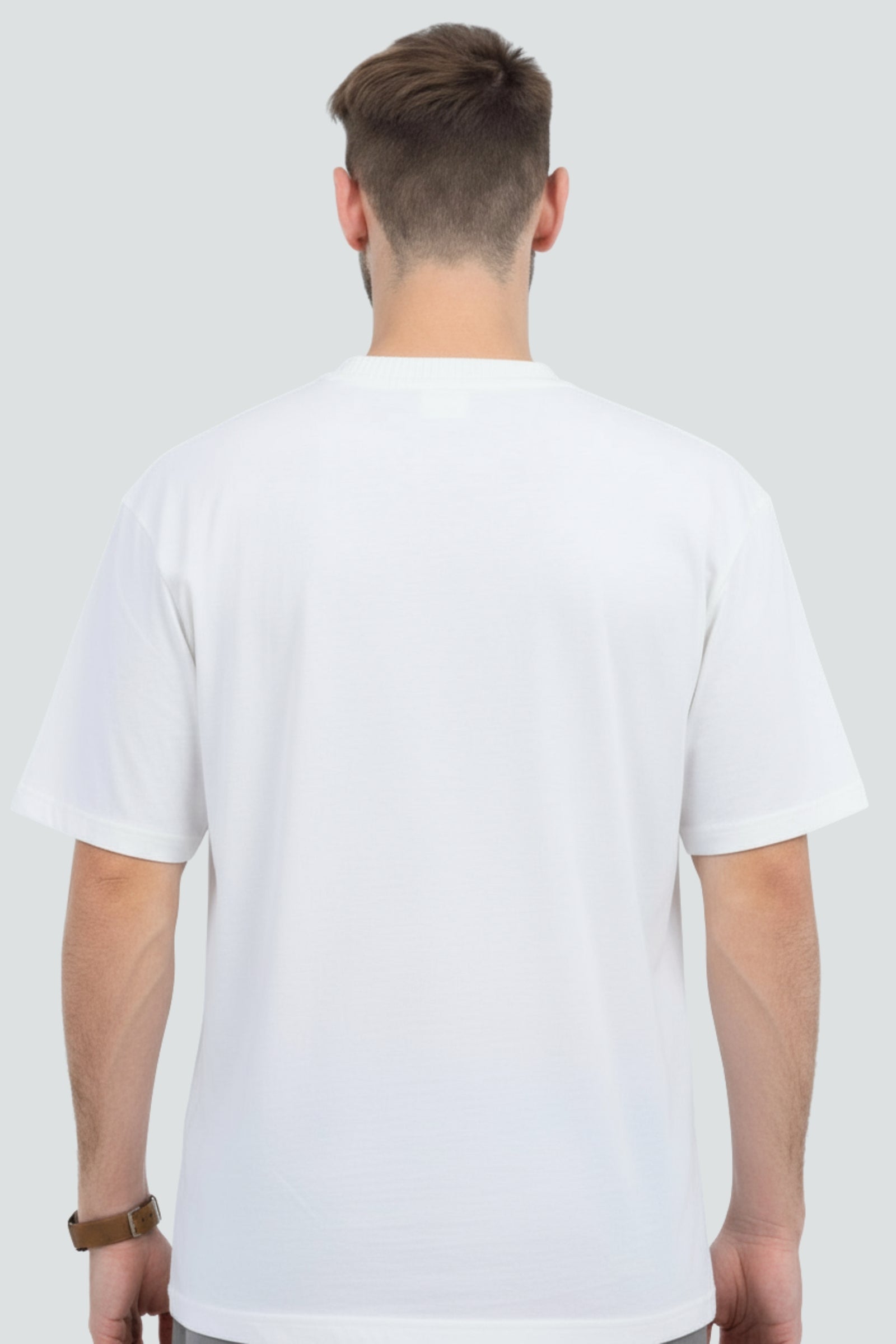 White heavyweight oversized t-shirt, 240 GSM cotton, Lycra ribbed neck, back view.