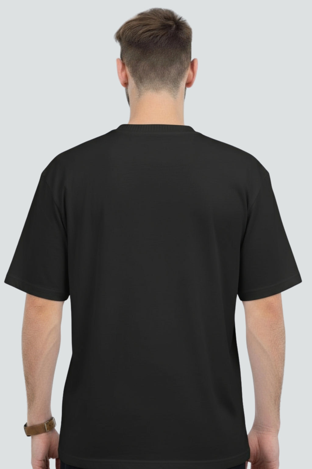 Black heavyweight oversized t-shirt, 240 GSM cotton, Lycra ribbed neck, back view.