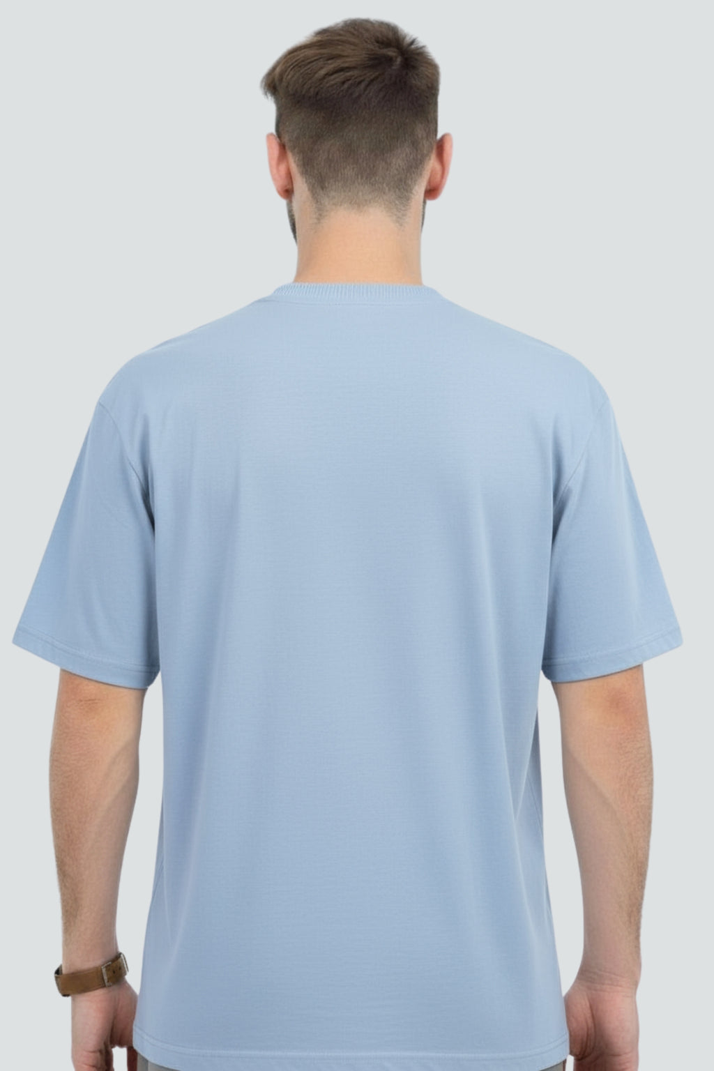 Light blue heavyweight oversized t-shirt, 240 GSM cotton, Lycra ribbed neck, back view.