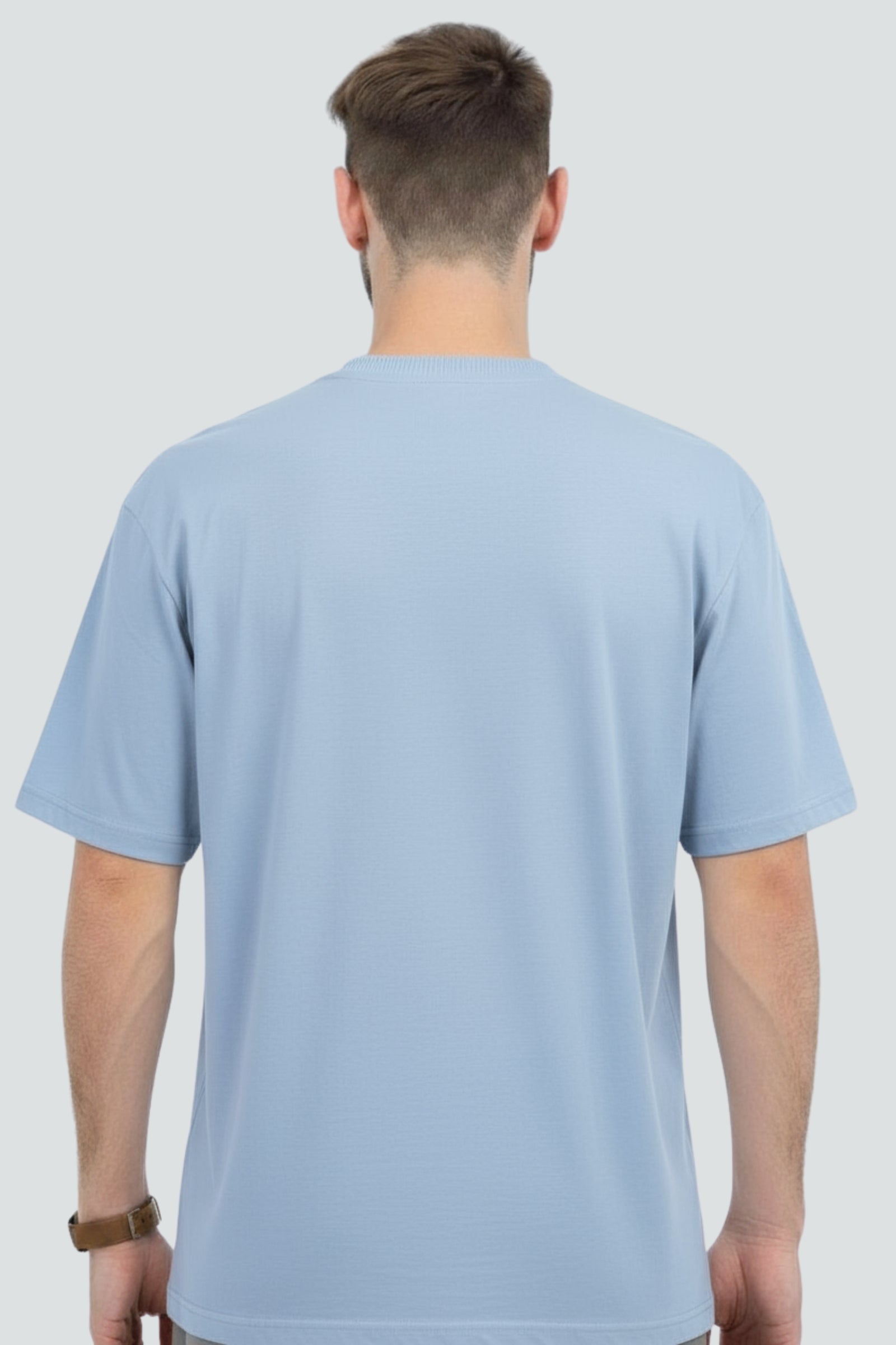 Light blue heavyweight oversized t-shirt, 240 GSM cotton, Lycra ribbed neck, back view.