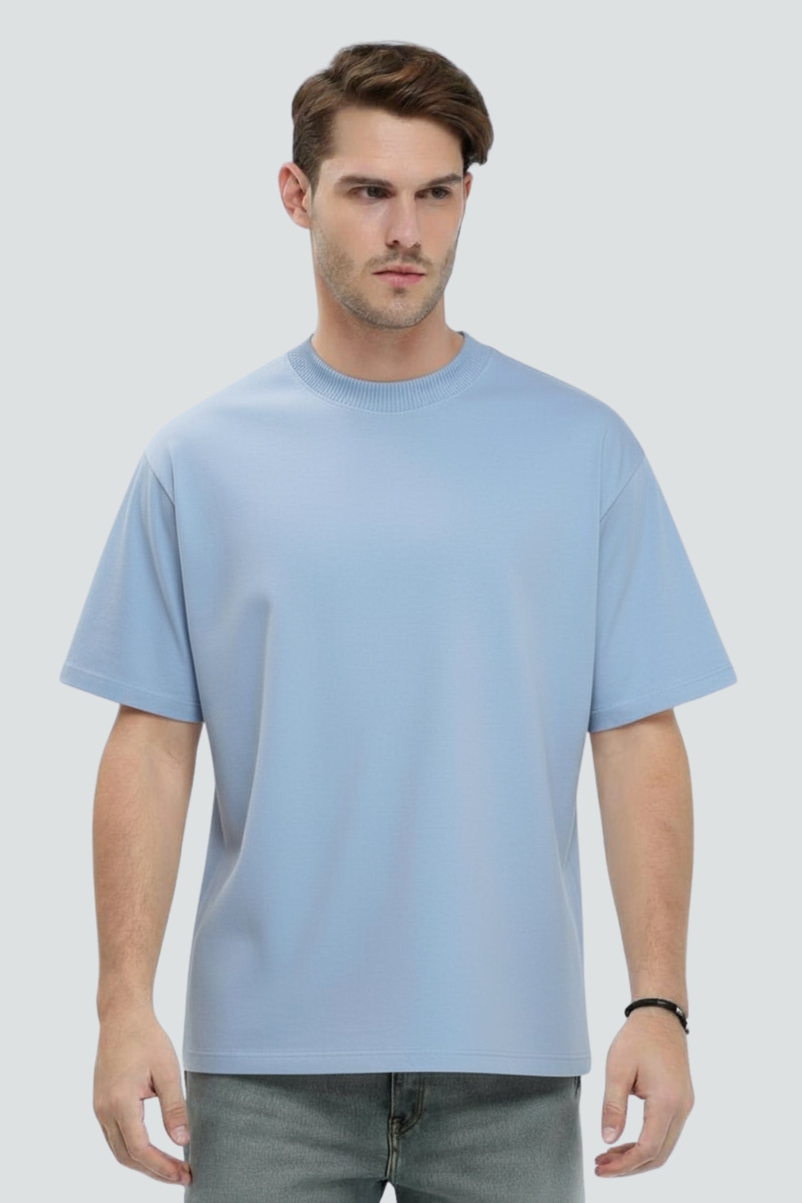Light blue heavyweight oversized t-shirt, 240 GSM cotton, Lycra ribbed neck, front view.