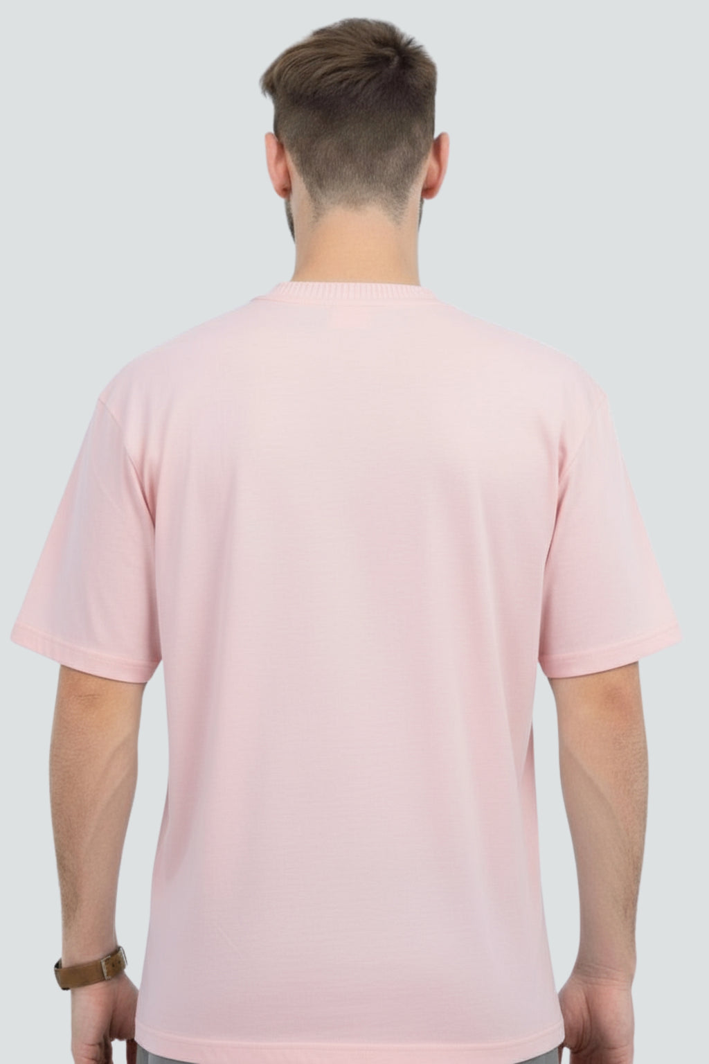 Light pink heavyweight oversized t-shirt, 240 GSM cotton, Lycra ribbed neck, back view.