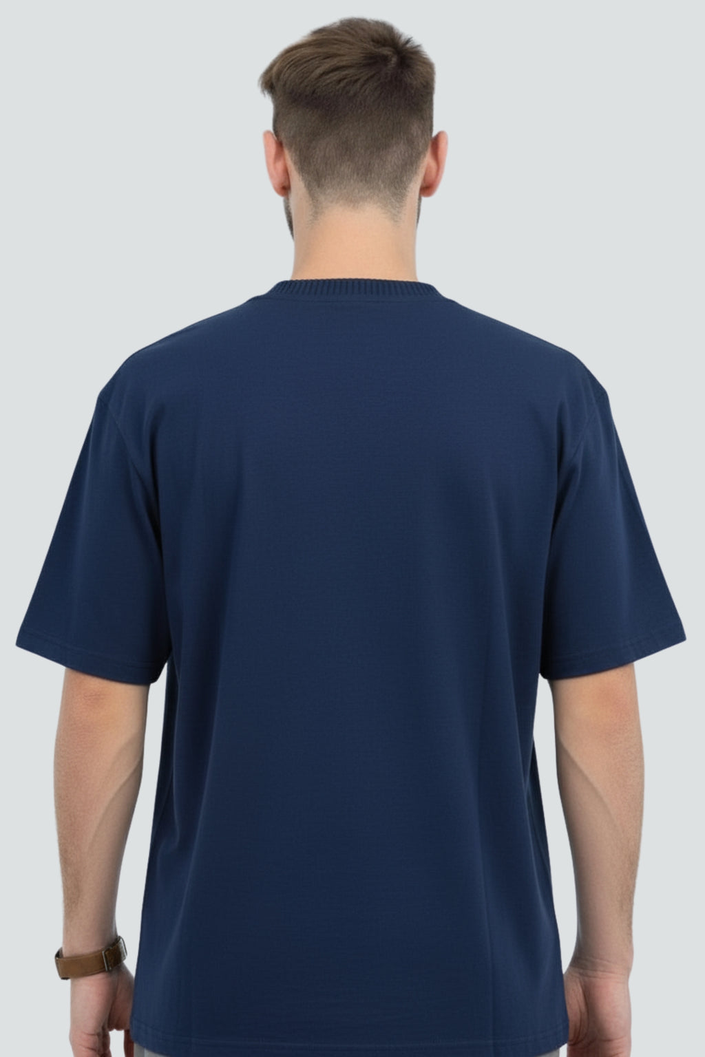 Navy blue heavyweight oversized t-shirt, 240 GSM cotton, Lycra ribbed neck, back view.
