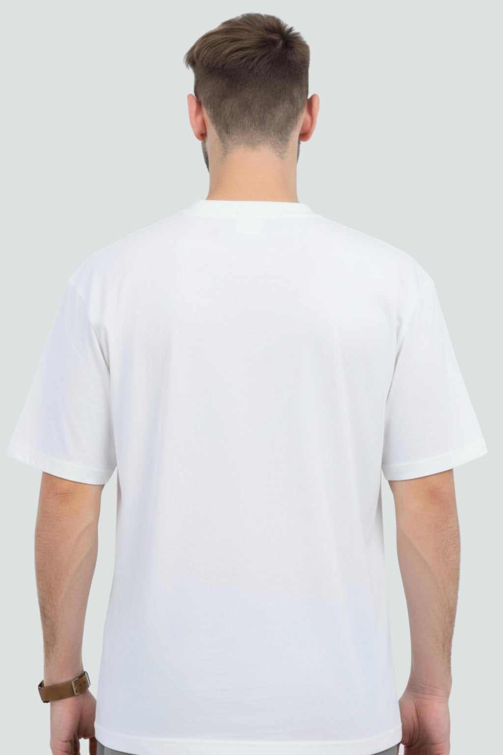 White heavyweight oversized t-shirt, 240 GSM cotton, Lycra ribbed neck, back view.