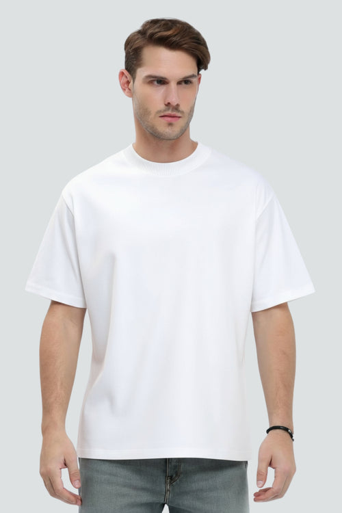 White heavyweight oversized t-shirt, 240 GSM cotton, Lycra ribbed neck, front view.